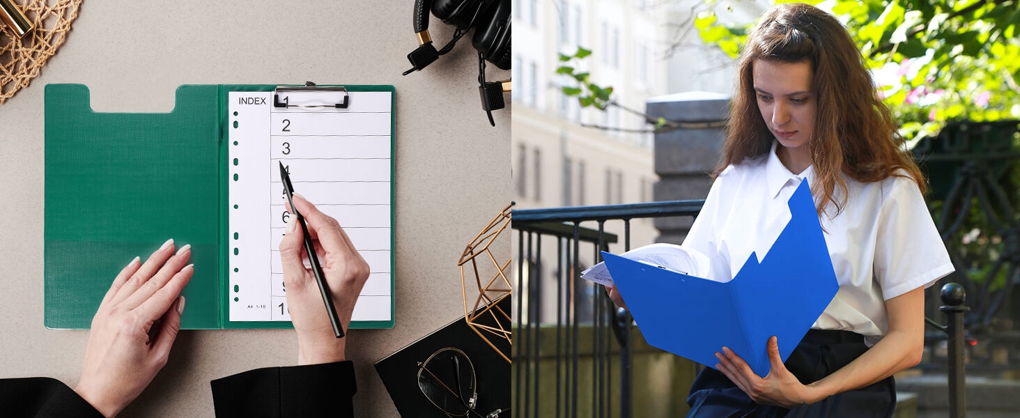 Two-panel image: left shows hands writing on clipboard, right shows professional reviewing documents outdoors.