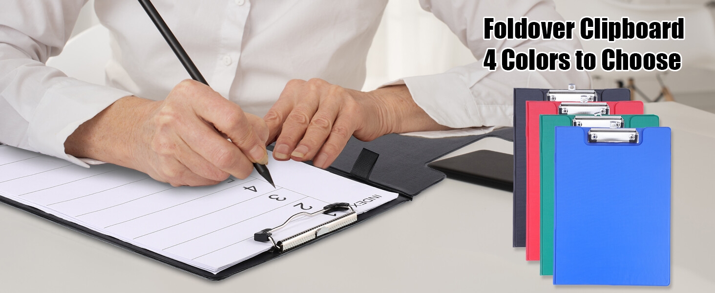 Foldover clipboard with paper shown in use, available in 4 color options including blue and red. Writing surface demonstrates practical use.