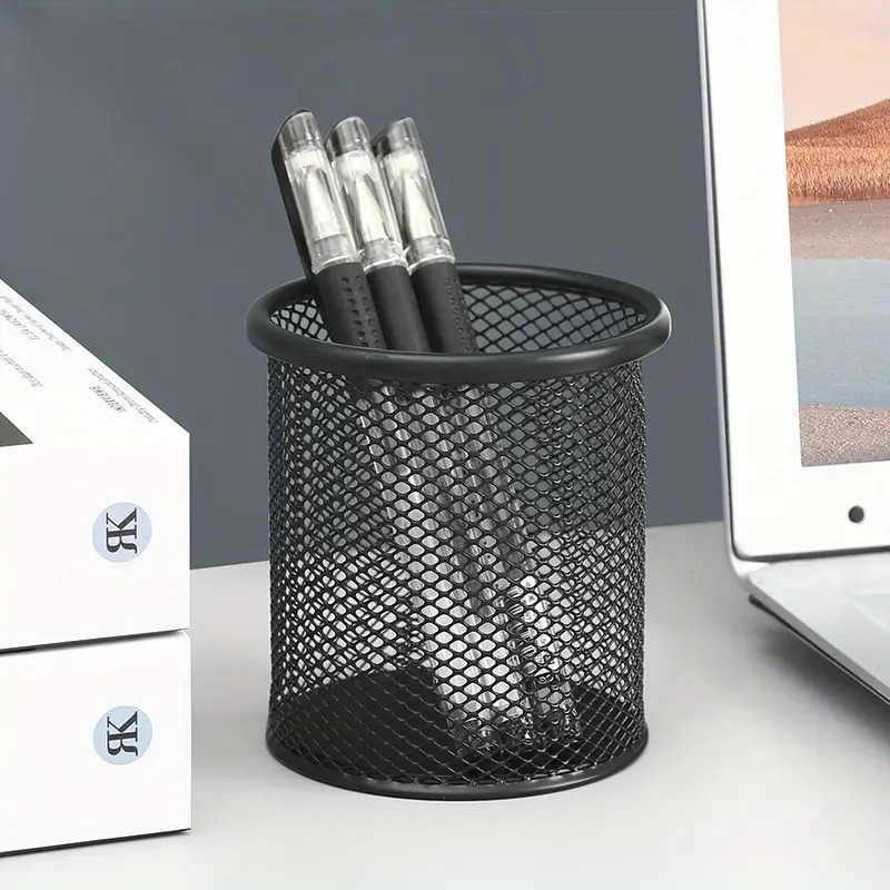 1pc iron round black mesh pen holder hollow desktop organizer for office study home multifunctional storage for pens pencils stationery   Product details 4