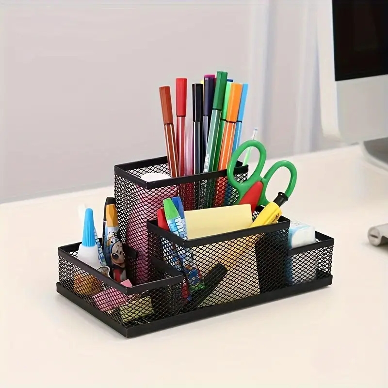 4 tier black mesh metal desk organizer multi compartment pen holder with non slip base for office   for pencils scissors stationery   details 0