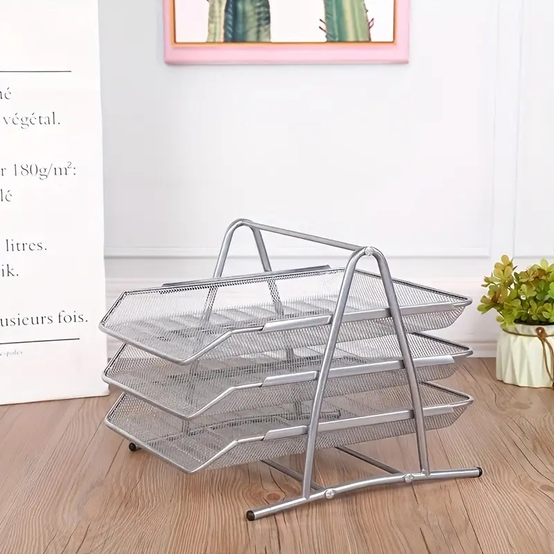1pc 3 tier metal mesh desk organizer multi functional   storage rack detachable lightweight magazine basket   holder for documents and books details 2