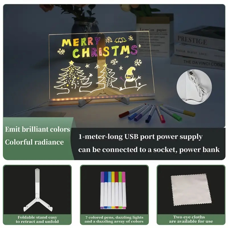 1 件 led 发光绘图板,可擦除压克力讯息面板,带 7 色笔和夜灯,usb 供电,用于创意活动,可重复使用的涂鸦板带支架,安全无毒材料,亚克力留言板、绘图板 3