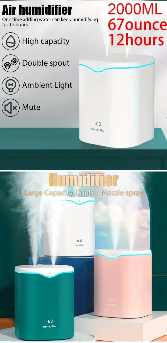1pc 2l portable ultrasonic humidifier with usb dual mist quiet operation aromatherapy 7 color nightlight auto shut off for home travel details 0
