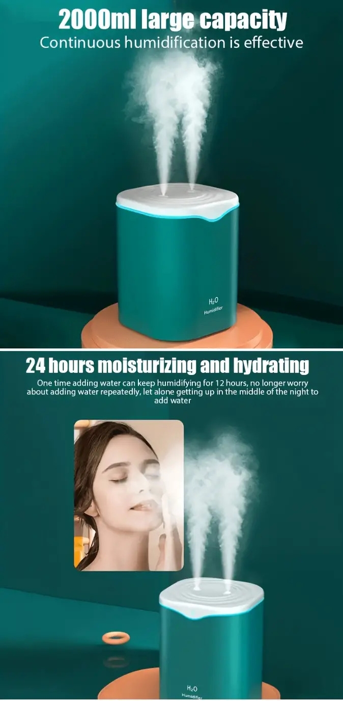 1pc 2l portable ultrasonic humidifier with usb dual mist quiet operation aromatherapy 7 color nightlight auto shut off for home travel details 1