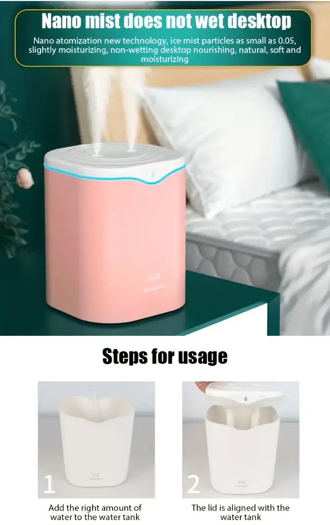 1pc 2l portable ultrasonic humidifier with usb dual mist quiet operation aromatherapy 7 color nightlight auto shut off for home travel details 2