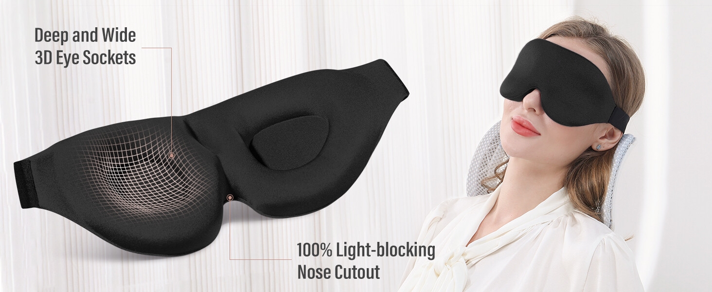Deep wide 3D eye sockets zero pressure larger eye space free blinking 100% light blocking blackout