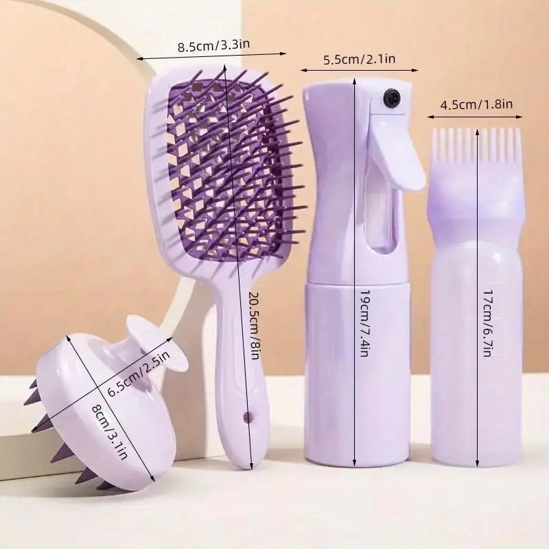 4pcs purple hair care set silicone scalp massager detangler brush spray bottle applicator ideal for all hair types enhances shampooing styling details 6