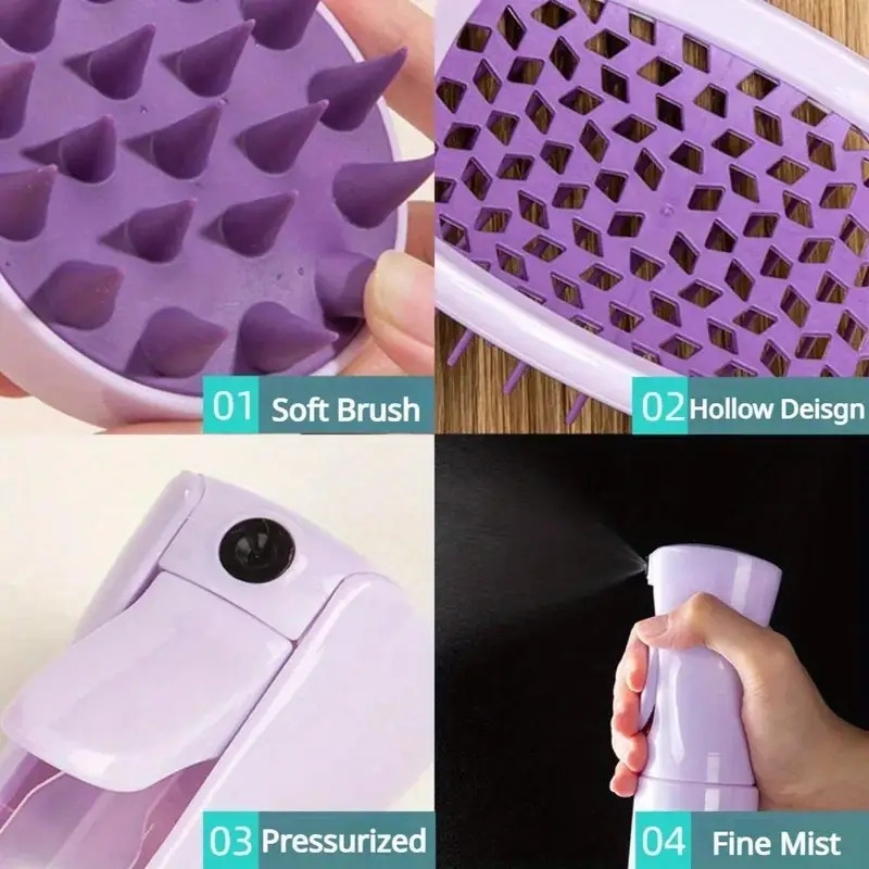 4pcs purple hair care set silicone scalp massager detangler brush spray bottle applicator ideal for all hair types enhances shampooing styling details 4