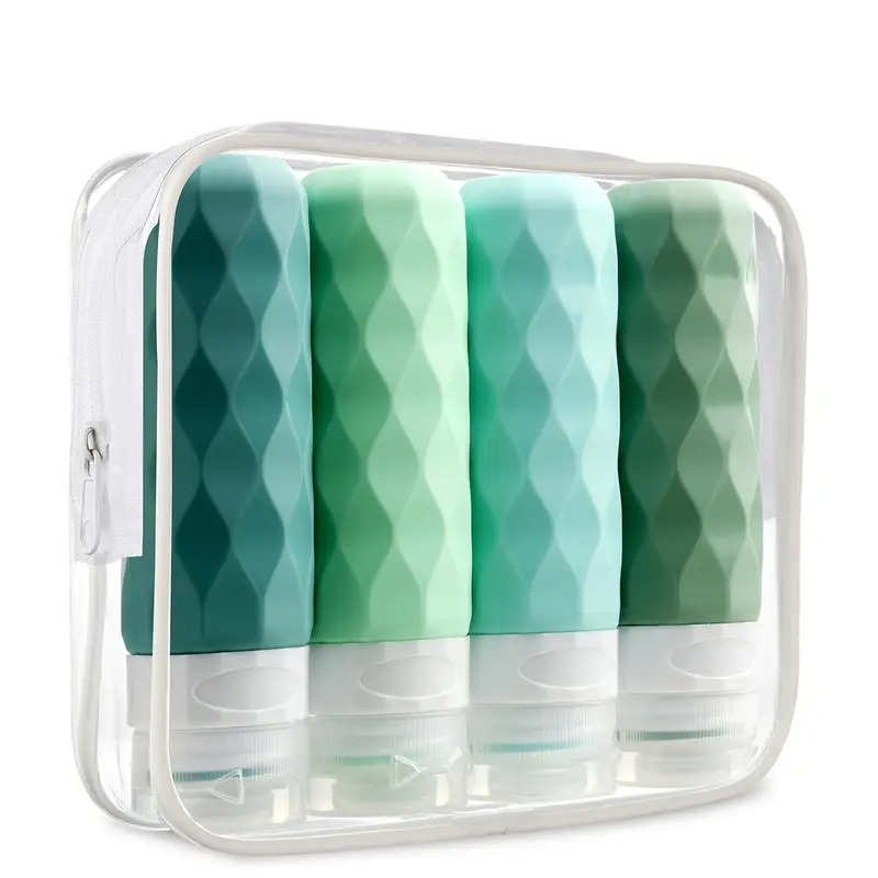 4 件 tsa 认可的矽胶旅行瓶，3 盎司防漏且可挤压，不含 bpa 容器，海蓝色和绿色，带有 chevron 设计，便携式盥洗用品配件，适用于洗发精、护发素、乳液 - 仅限手洗 0