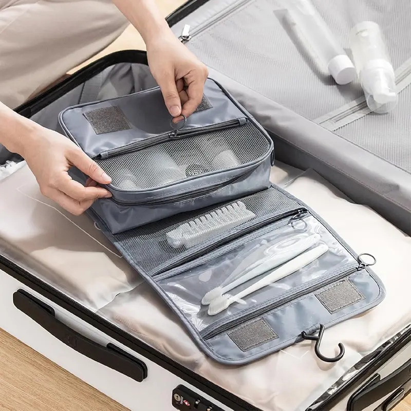 2pcs large hanging toiletry bag waterproof polyester cosmetic makeup travel organizer with sturdy hook blue men women details 3