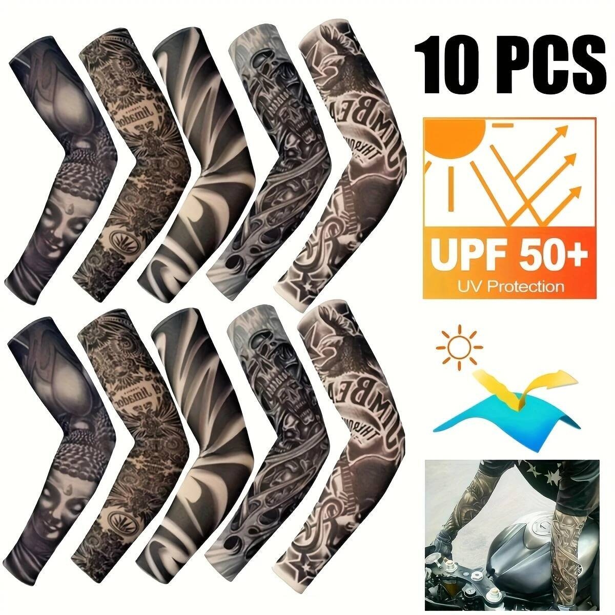 10件uv防护臂套 - upf50+ 防晒速干防滑扣合设计 - 摩托车、骑行、跑步用男女通用(10件装)- 运动员理想礼物,户外运动必备,纹身风格透气面料,耐用材质,清凉袖套,健身爱好者首选 详情 1