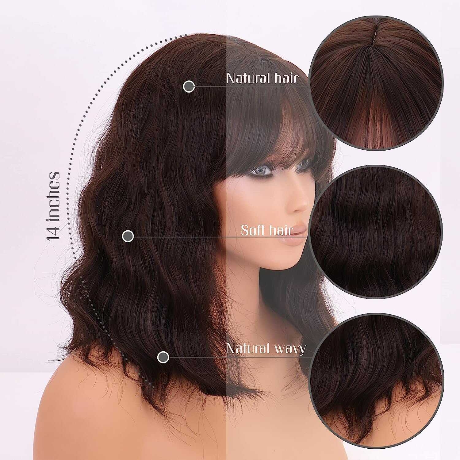 DOPI Short Wavy Bob Wig with Bangs, Synthetic Brown Bob Wigs for Women, Natural Looking Heat Resistant Bang Hair Wigs for Daily & Party 12