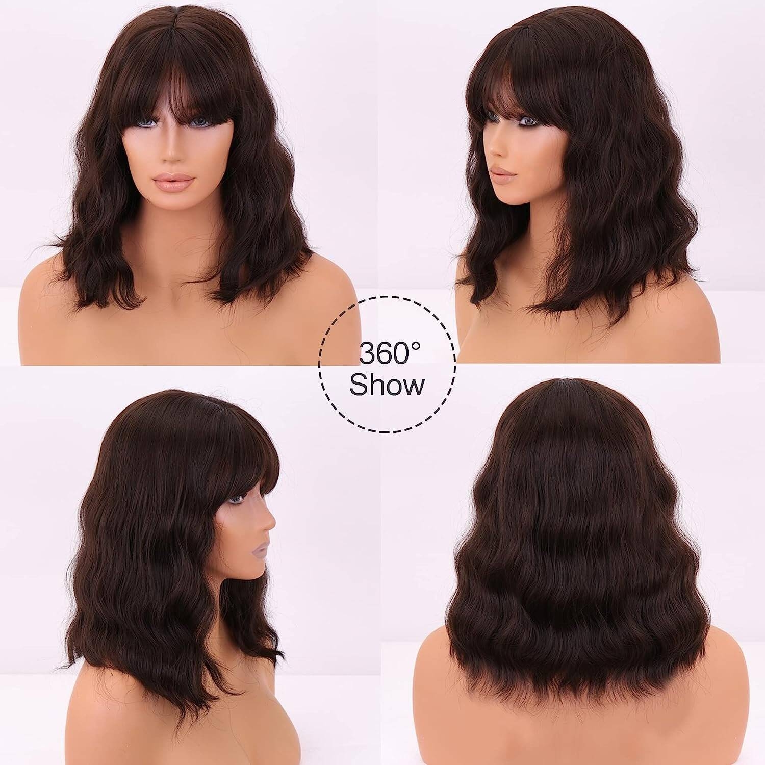 DOPI Short Wavy Bob Wig with Bangs, Synthetic Brown Bob Wigs for Women, Natural Looking Heat Resistant Bang Hair Wigs for Daily & Party 12
