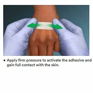 Two-panel instructional image for applying adhesive tape. Left panel shows tape application, right panel demonstrates pressing for adhesion.