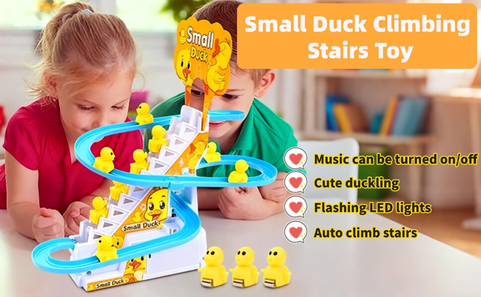 Text reads 'Small Duck Climbing Stairs Toy'. Yellow toy duck on colorful stairs with features listed: 'Music can be turned on/off', 'Cute duck design', 'Auto climb stairs', 'Flashing LED lights'.