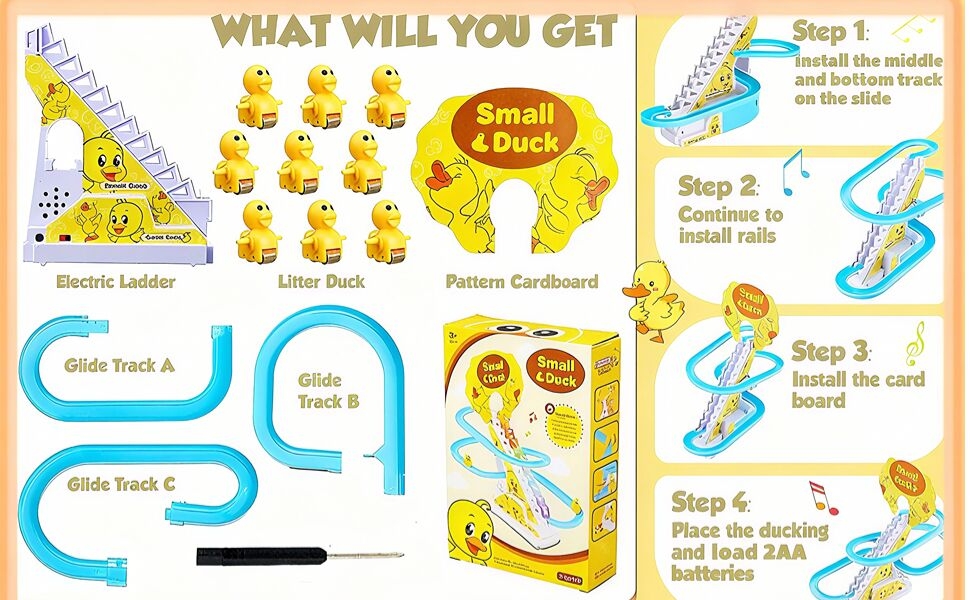 Instructional diagram showing step-by-step process with cartoon duck characters and blue arrows, appears to be a product assembly or usage guide.