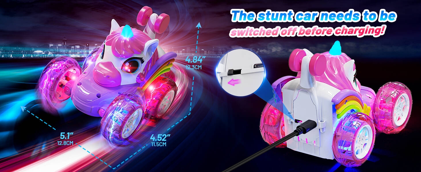 Pink and white toy stunt car with light-up wheels. Features rotating body and flipping capability. Shown in action pose and static position with charging cable attached.