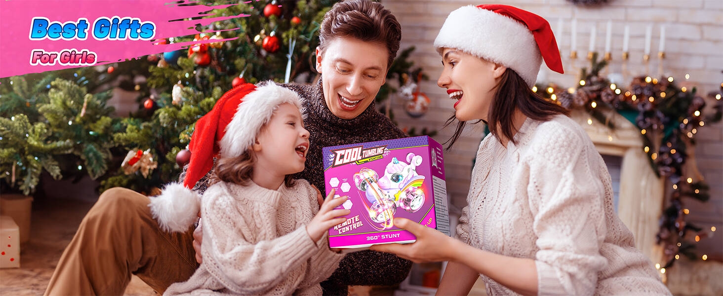 Christmas scene with family holding a colorful box of candy. Decorated tree, lights, and festive attire visible. Product packaging features cartoon characters and bright colors.