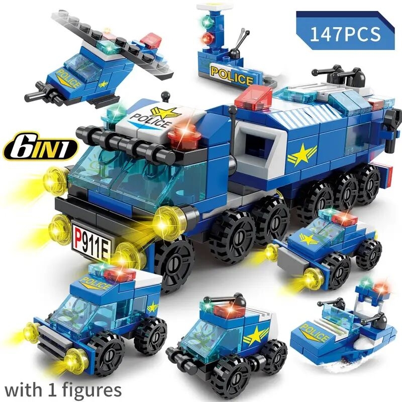 147pcs 6 in 1 city police series car model small particle building blocks assembling children bricks puzzle toys gift details 1