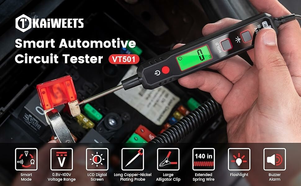 Kaiweets Smart Automotive Circuit Tester VT501 with digital display, shown testing a red automotive component. Features multiple testing modes.