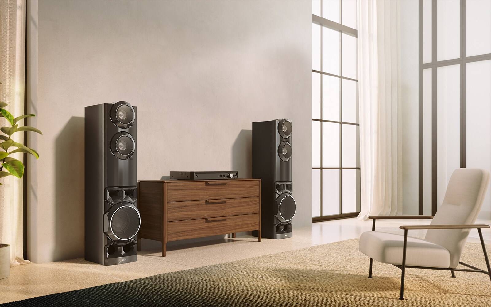 Dual tower speakers placed in a modern living room interior with space-saving design