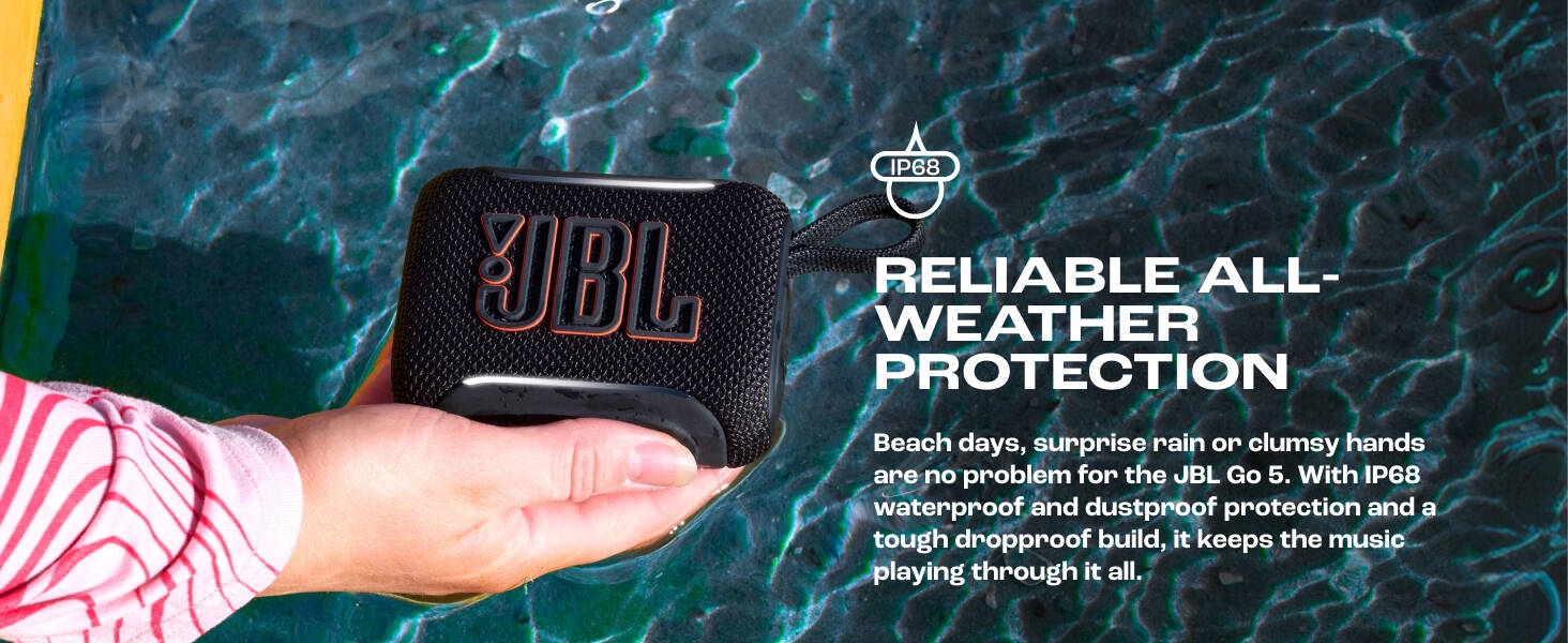Text reads 'RELIABLE ALL-WEATHER PROTECTION'. JBL speaker in hand with water droplets, demonstrating weatherproof durability. Pink striped sleeve visible.
