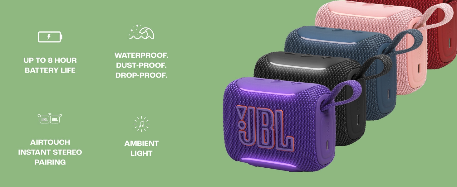 Text reads 'UP TO 8 HOURS BATTERY LIFE', 'DUST-PROOF DROP-PROOF', 'AIRPULSE WIRELESS STUDIO TUNING', 'AMBIENT LIGHT'. Purple JBL speaker and three additional colored portable speakers displayed on green background with feature icons.