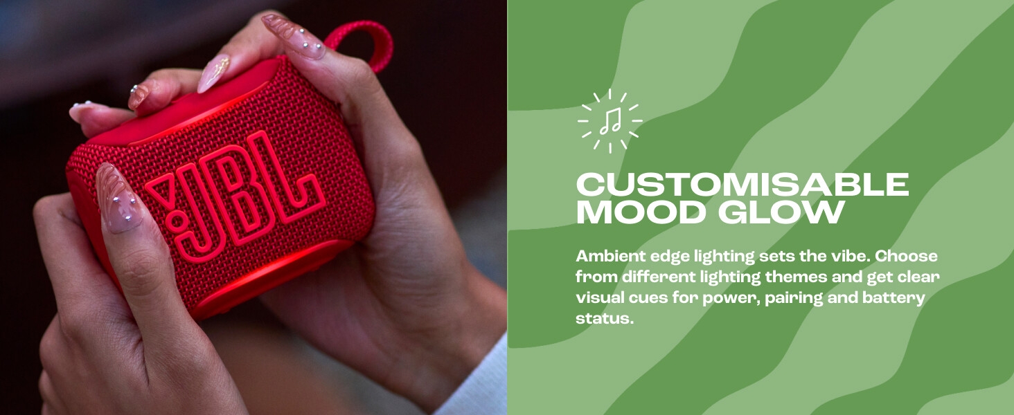 Text reads: 'CUSTOMISABLE MOOD GLOW' with description text visible. Split image showing red illuminated product in hand on left, green background with product features on right.