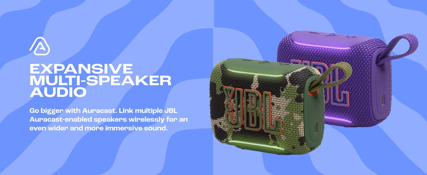 Text reads 'PORTABLE MULTI-SPEAKER AUDIO'. Blue geometric background with two colorful portable speakers displayed - one with green/brown pattern, one solid purple with handles.