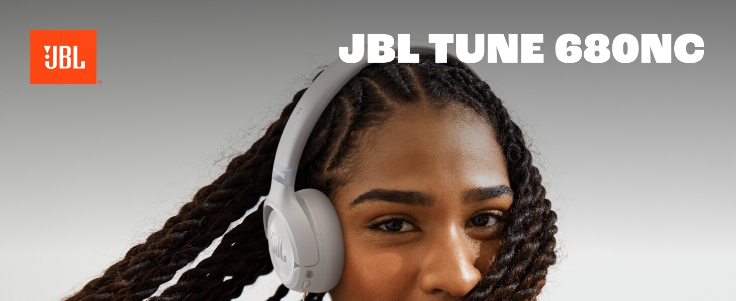 Text reads 'JBL TUNE 680NC'. Product promotional image for wireless headphones, featuring JBL branding and orange accent elements.
