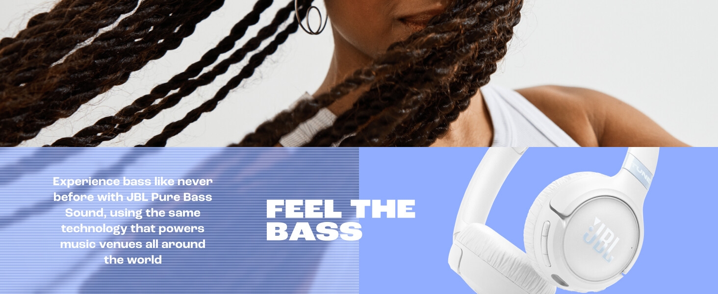 Text reads 'FEEL THE BASS' on blue-tinted background with audio equipment illustrations.