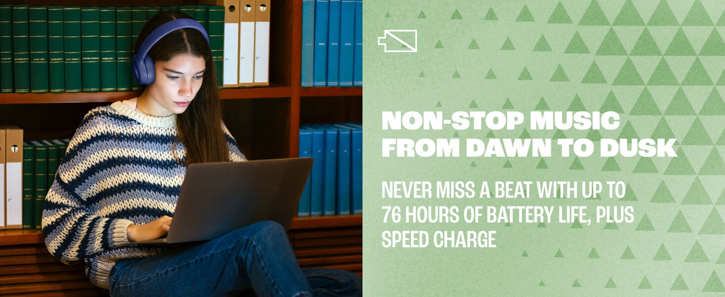 Text reads 'NON-STOP MUSIC' and 'SPEED CHARGE'. Green promotional banner with hexagonal pattern background featuring wireless earbud charging case.