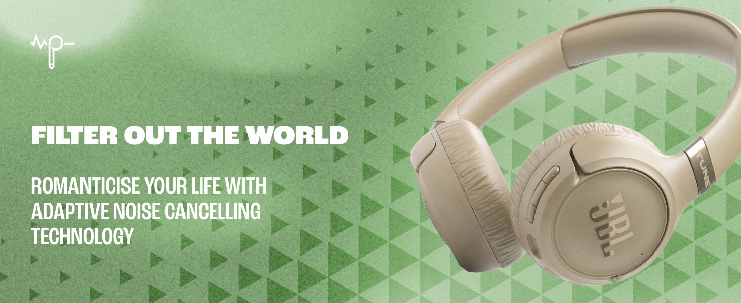 Text reads 'FILTER OUT THE WORLD'. Green-tinted product advertisement showing what appears to be noise-canceling technology or audio filtering system.