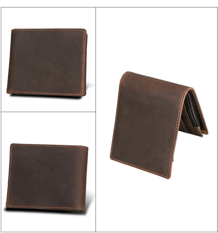 Vintage Classic Crazy Horse Genuine Leather Standard Wallet RFID Secure Short Purse Money Bag Men Polyester Customized Brown