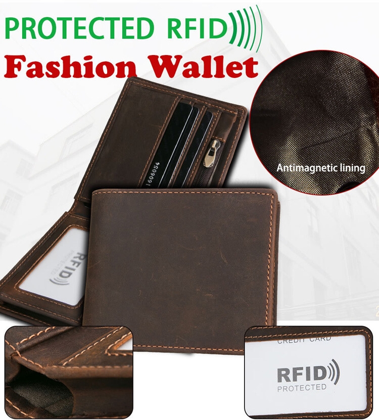 Vintage Classic Crazy Horse Genuine Leather Standard Wallet RFID Secure Short Purse Money Bag Men Polyester Customized Brown
