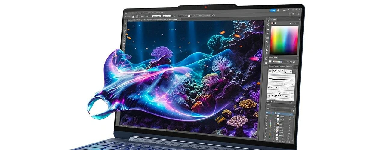 Closeup of Yoga 9i 2-in-1 Gen 9 (14” Intel) display with Adobe Photoshop on the screen and a stingray exploding from the display