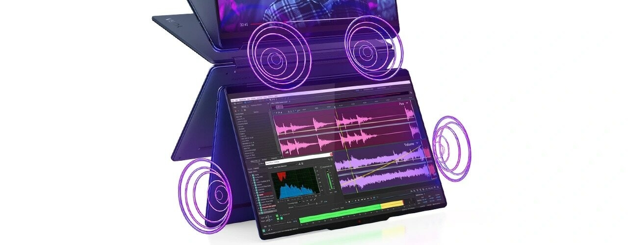 Yoga 9i 2-in-1 Gen 9 (14” Intel) in Cosmic Blue with graphical expression of the Bowers & Wilkins audio system