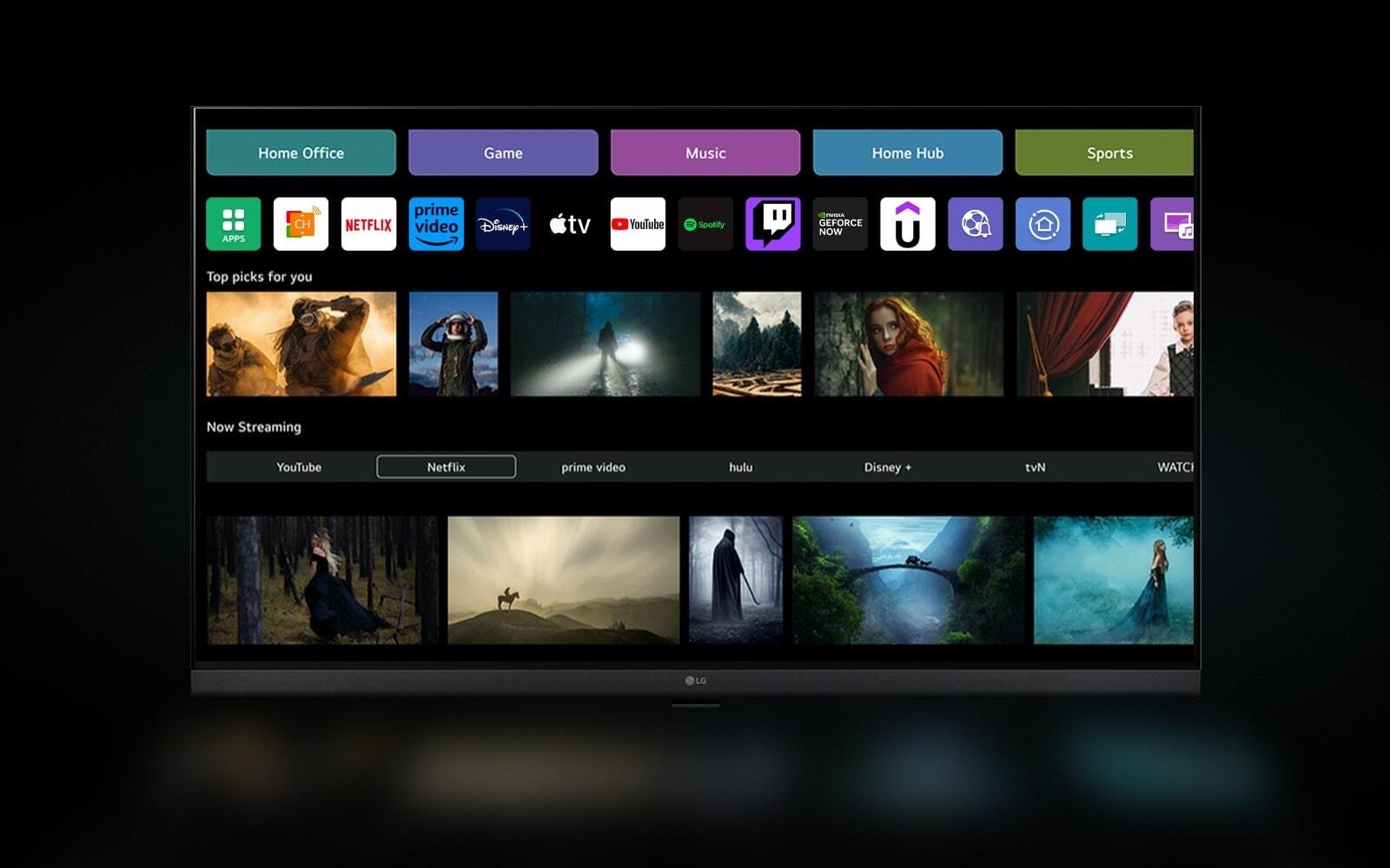 webOS 23 home screen with Home Office, Game, Music, Home Hub, and Sports Categories. The bottom of the screen shows personalized recommendations under