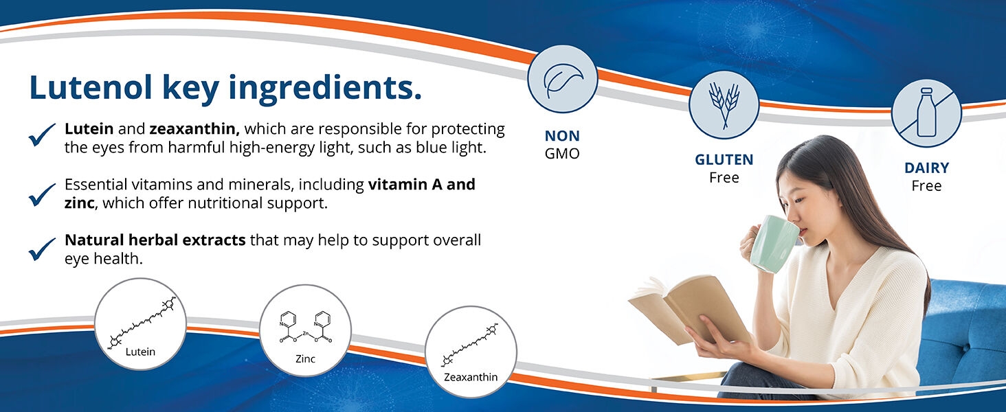 Lutenol, Natural Vision Support with Eye Vitamins, Lutein & Zeaxanthin, Vitamin A & Zinc.