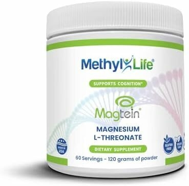 Methyl-Life® Magtein® Magnesium L-Threonate Powder – Brain-Preferred Magnesium for Superior Absorption & Purity | 120g (60 Servings) | Non-GMO, Gluten-Free, Filler-Free