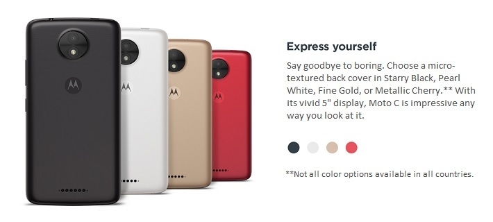 Moto C colours Starry Black, White, Fine Gold or Metallic