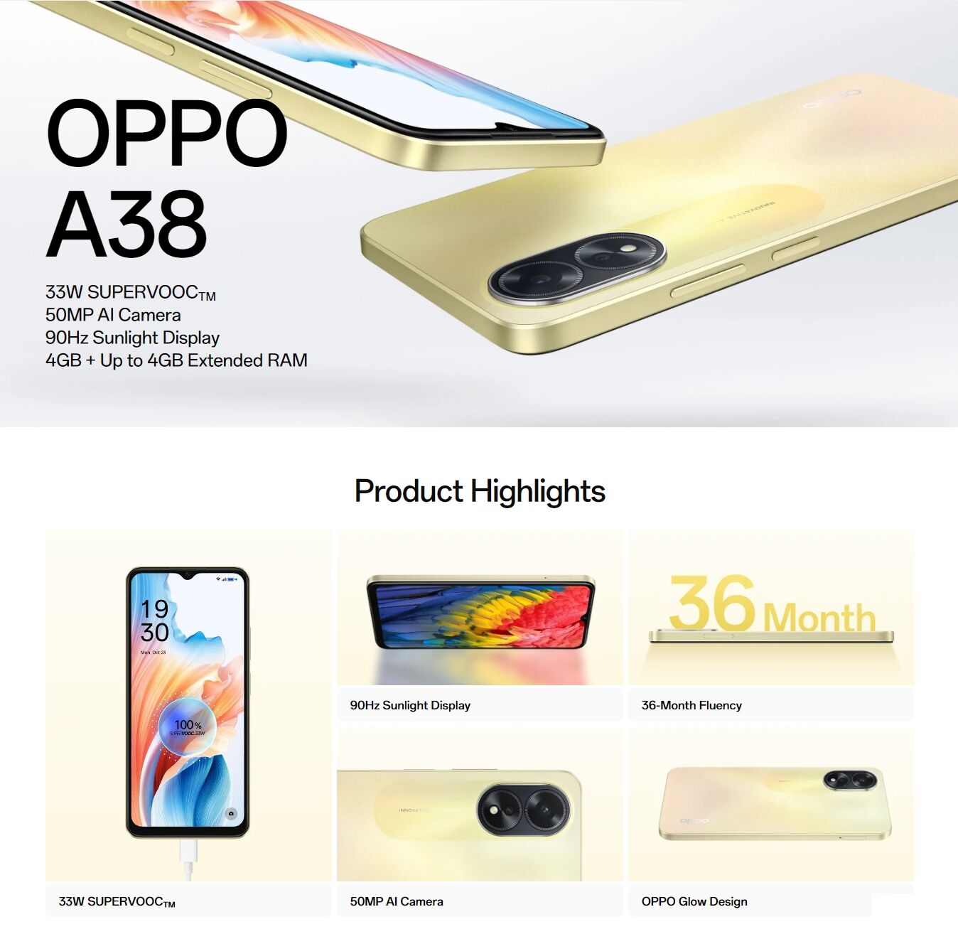 OPPO A38 4G Glowing Gold / 4+128GB /6.56 90Hz HD