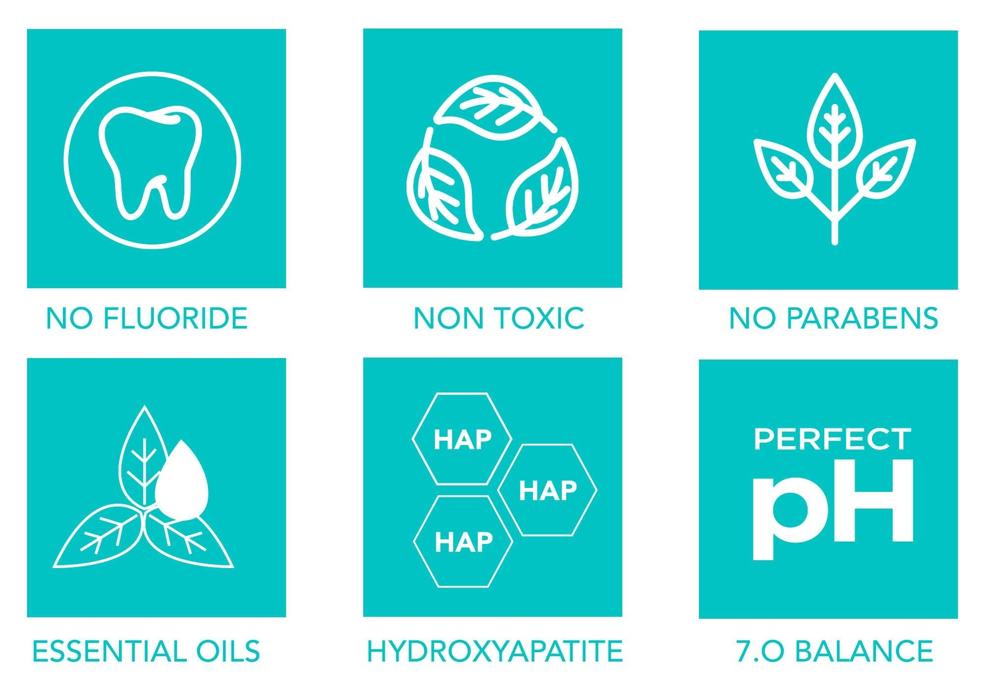 Non-toxic, Fluoride-free, no parabens, essential oils, 7.0 pH balanced, Natural Hydroxyapatite