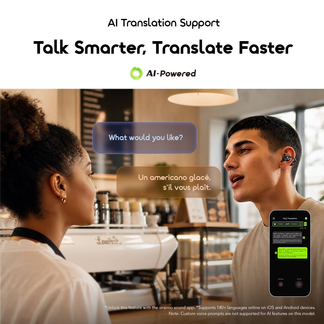 oraimo opensnap air open-ear true wireless earbuds africa OPN-371 09 talk smarter translate faster AI translation support