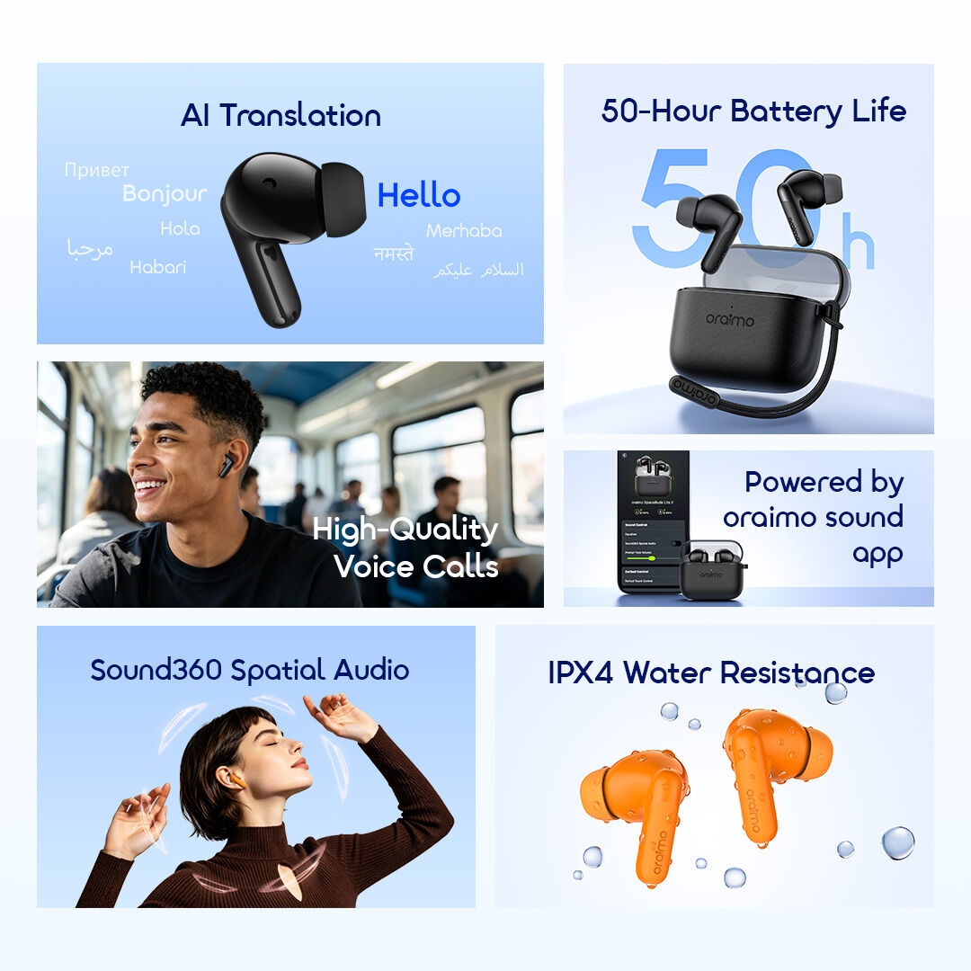oraimo True Wireless Earbuds SpaceBuds Lite 2 OTW-325 02 All Feature Collage AI Translation | 50-Hour Battery Life | Sound360 Spatial Audio | High-Quality Voice Calls | IPX4 Water Resistance