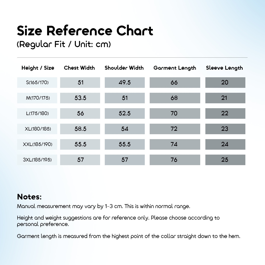 oraimo Polo Shirt EcoLuxe OHDP-001 7 Size Reference Chart