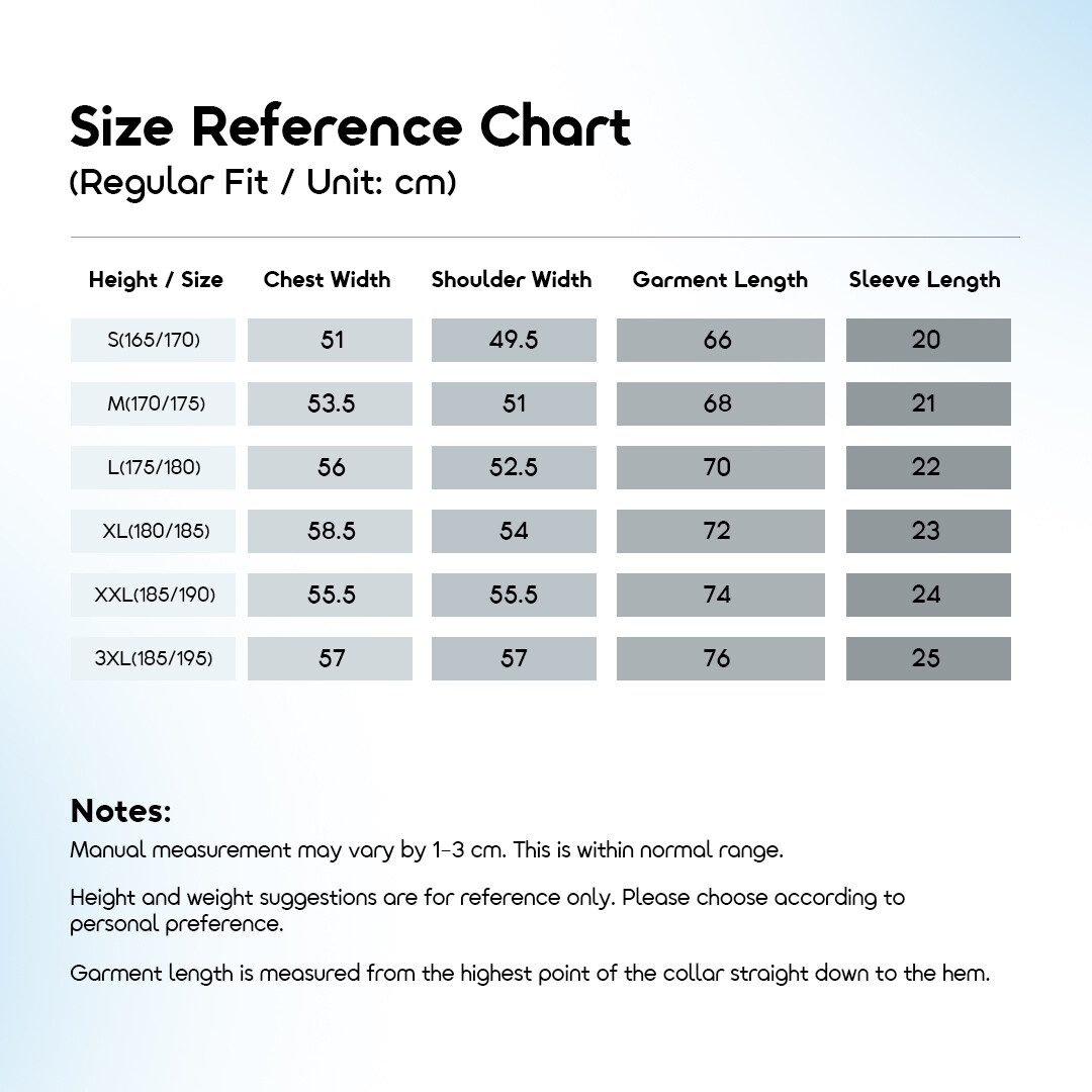 oraimo T-Shirt PureGuard OHDT-001 10 Size Reference Chart