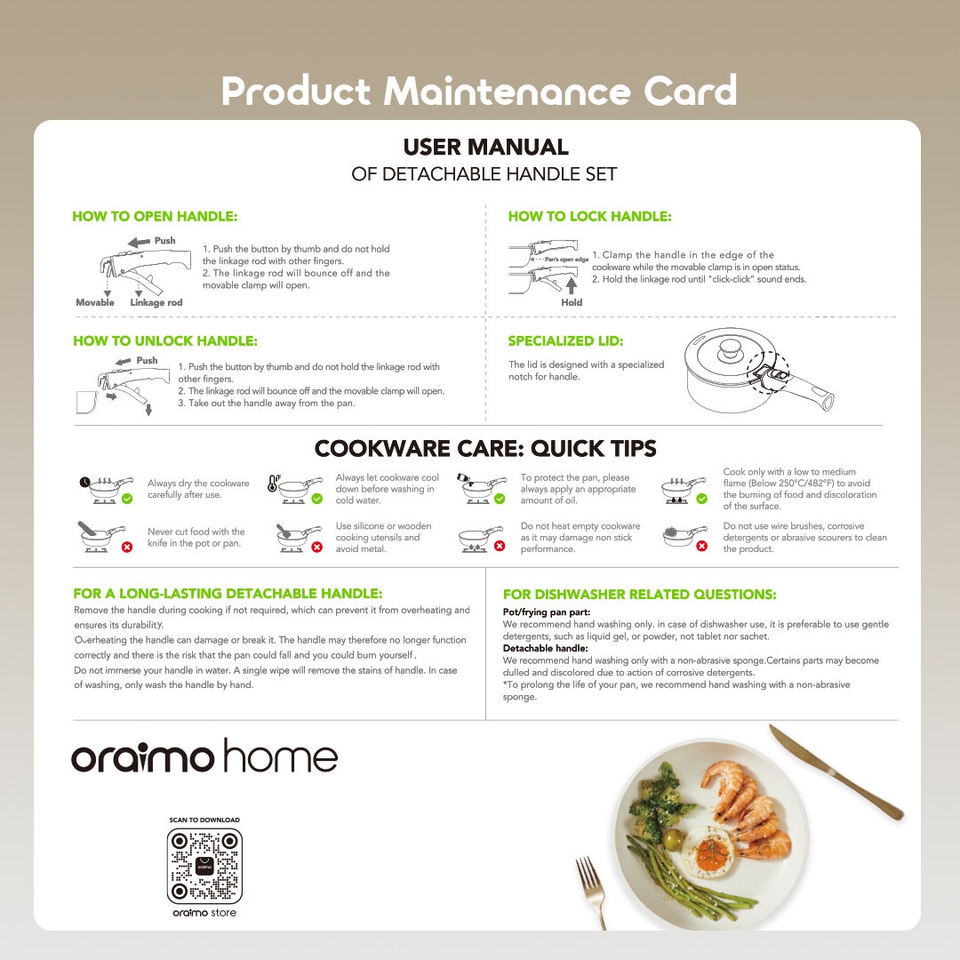 oraimo Ceramic Cookware Set PureHarvest Set OHKC-003 10 Product Maintenance Card