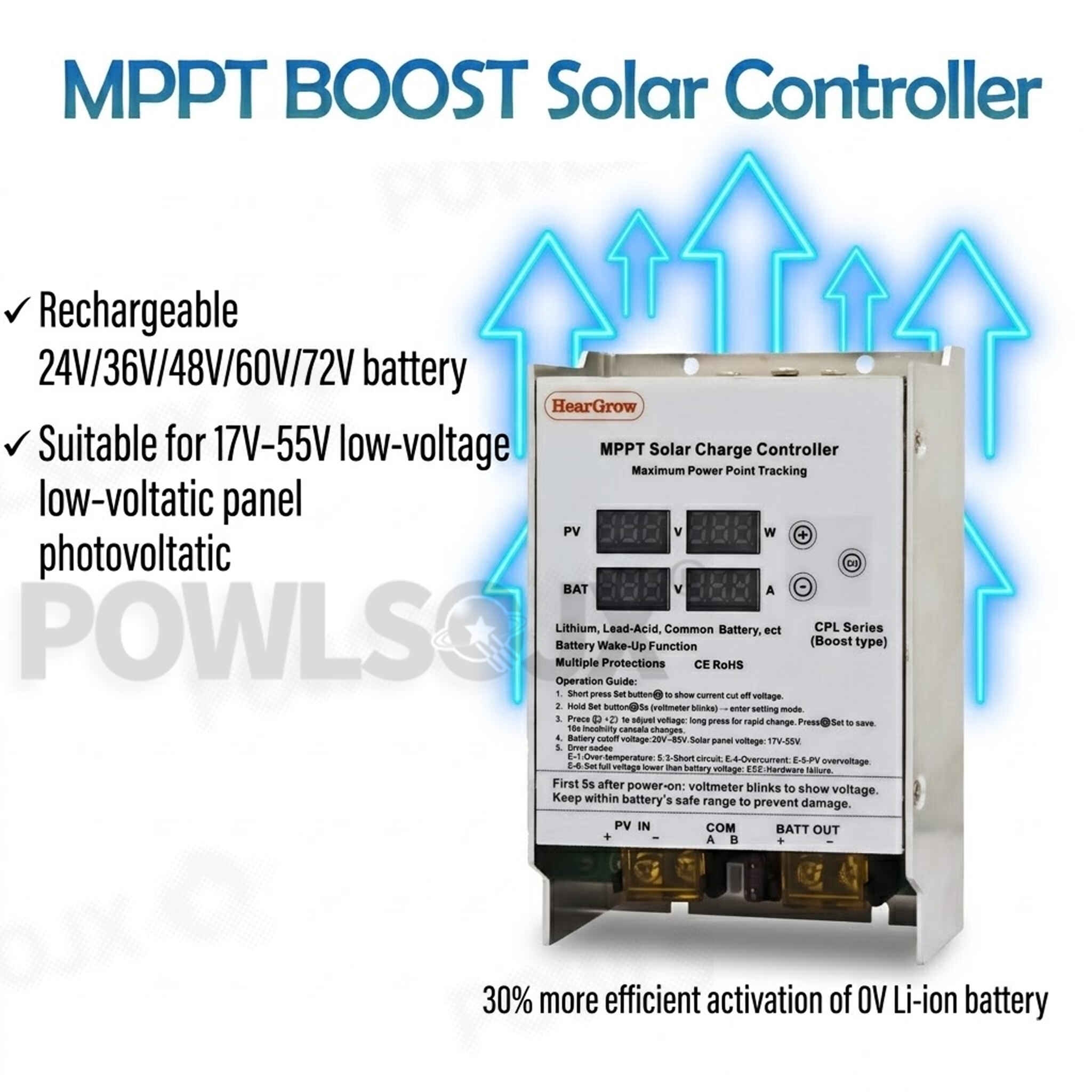 POWLSOJX 600W MPPT Solar Charge Controller Boost Step-Up