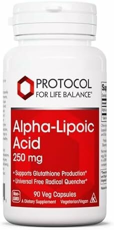PROTOCOL FOR LIFE BALANCE Alpha-Lipoic Acid Supplement - 250mg ALA - Oxidative Stress Quencher, Blood Flow & Heart Health - Kosher & Dairy Free - 60 Veg Capsules